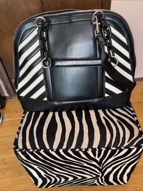 Jessica Simpson Black and White Striped Tote with Chain-Link Detail
